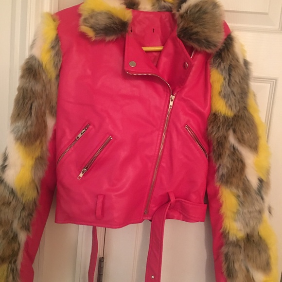 Hot pink Leather Jacket w/ color fur - Picture 3 of 4